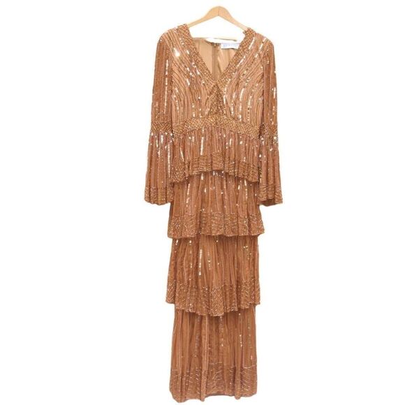 Mac Duggal 5442 Womens Embellished Bell Sleeve Tiered Gown Dress Copper - Picture 6 of 15